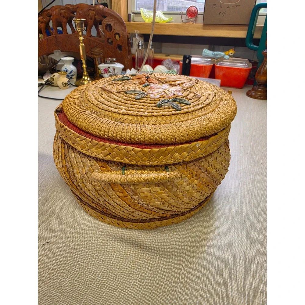 Vintage Woven Straw Sewing Basket Red Lining Raffia Floral Embroidery Round 9
